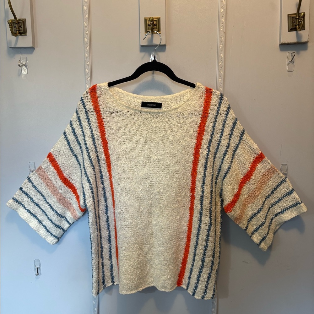 Striped Knit Sweater in Cream, Orange, and Blue